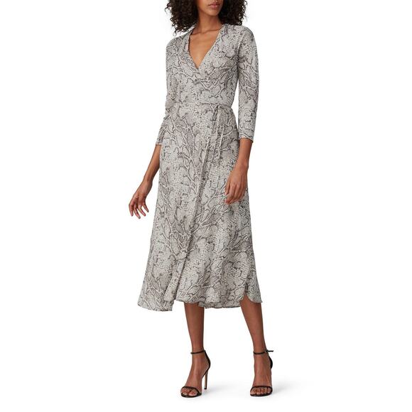 REFORMATION Grey Beige Animal Print Jaz Crepe Midi Wrap Python Snake Dress sz XS - Picture 1 of 14